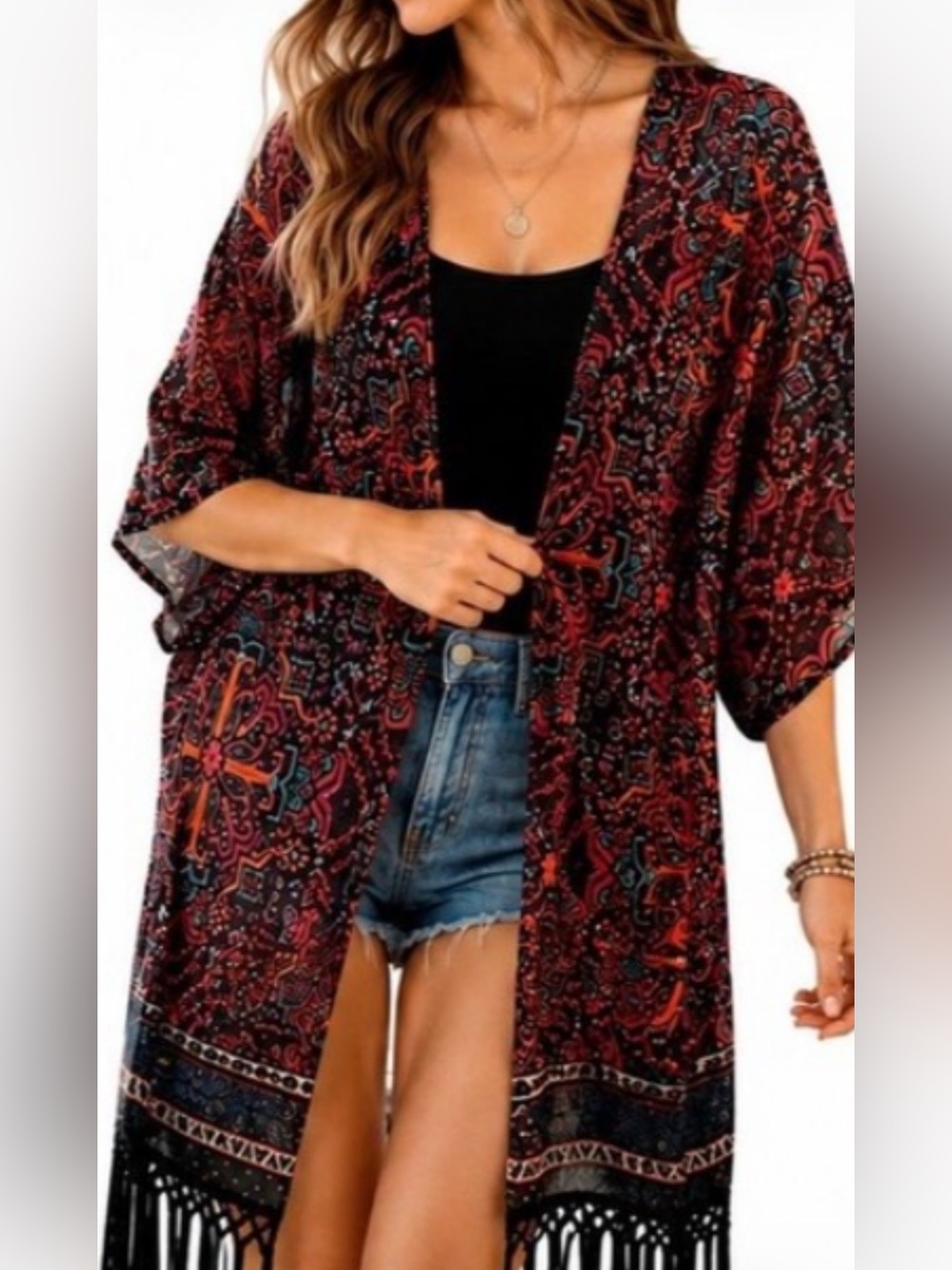 Multi Color Pattern Kimono Poolside Fringe Med‎ Cocktail Travel Casual Festival